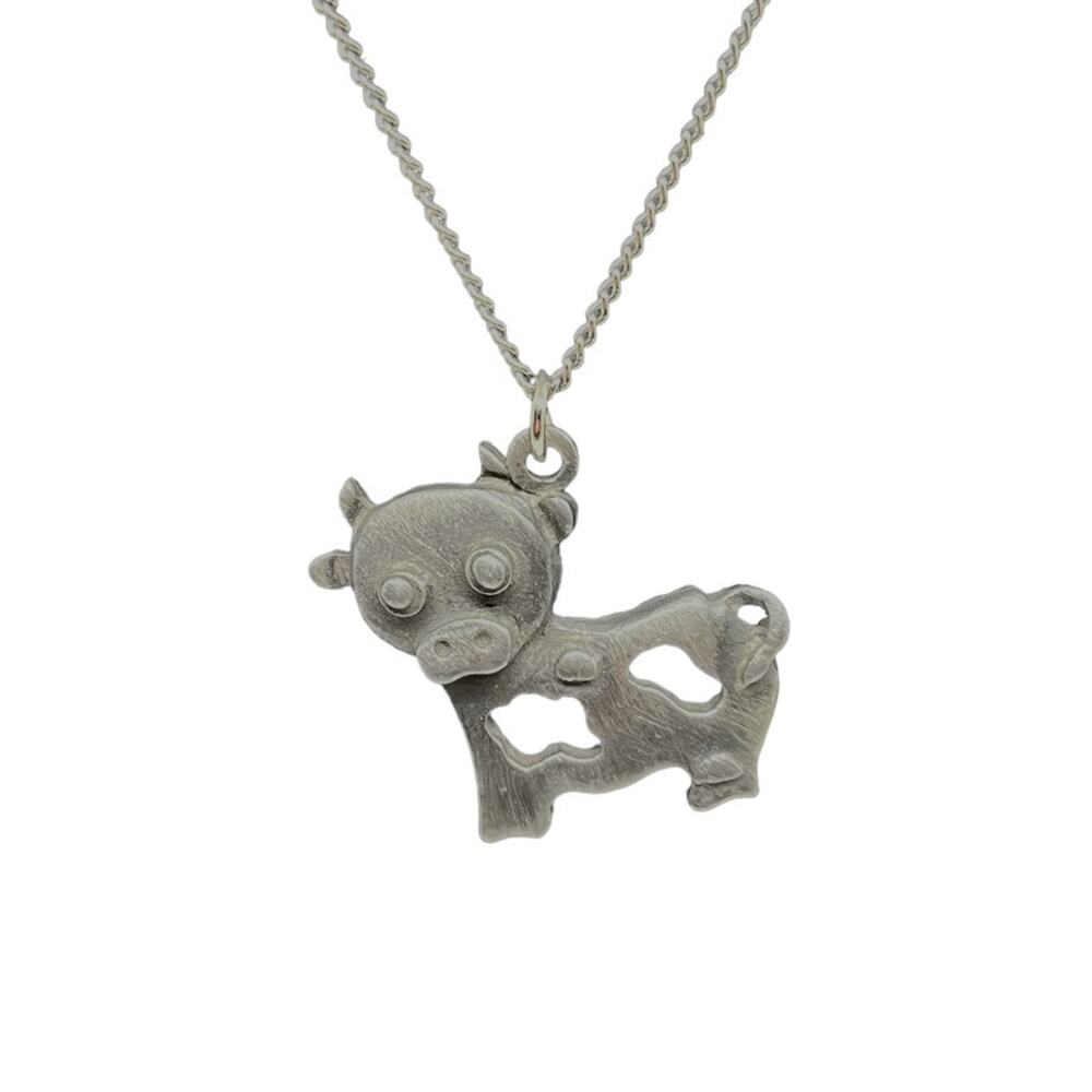 Pewter Cow Pendant Silver Tone on Chain Signed (mark hard to read) Retro Novelty
